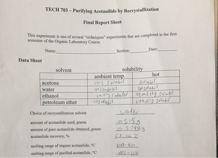 Recrystallization of acetanilide lab report