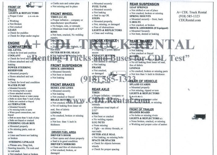 Cdl class b pre trip inspection cheat sheet